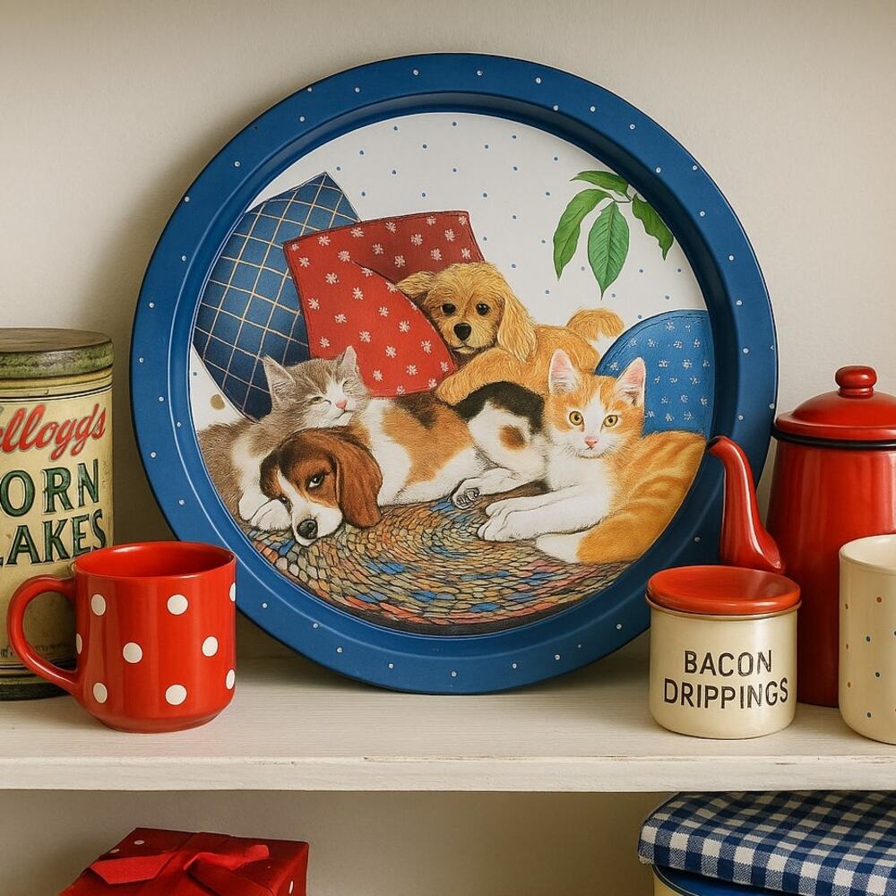 Vintage 1980s Metal Tray – Cozy Cats & Dogs Print – Blue Rim Collectible 13”